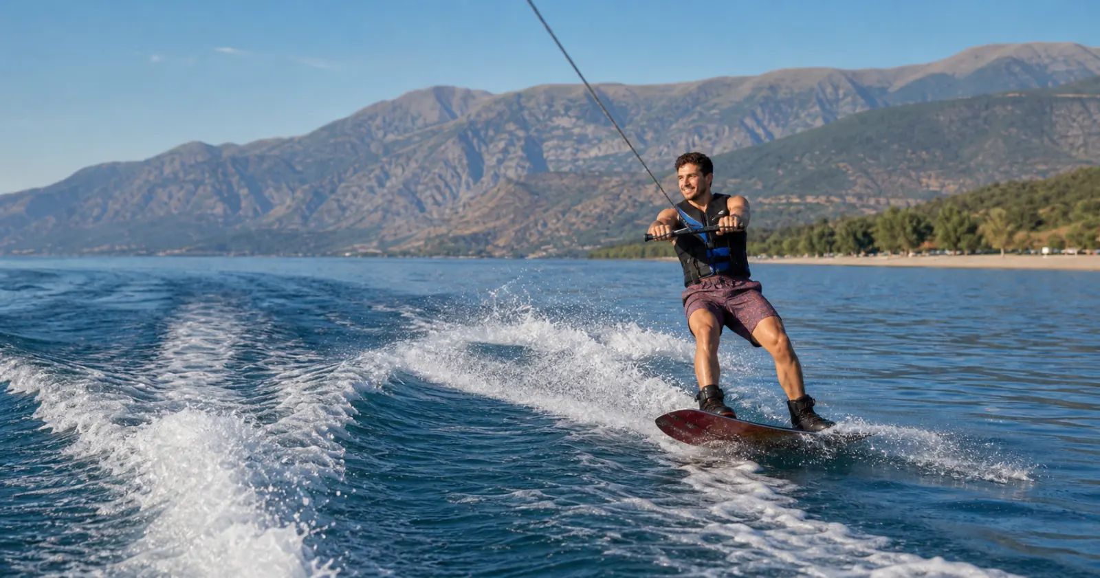 Wakeboarder riding across Lake Ohrid
